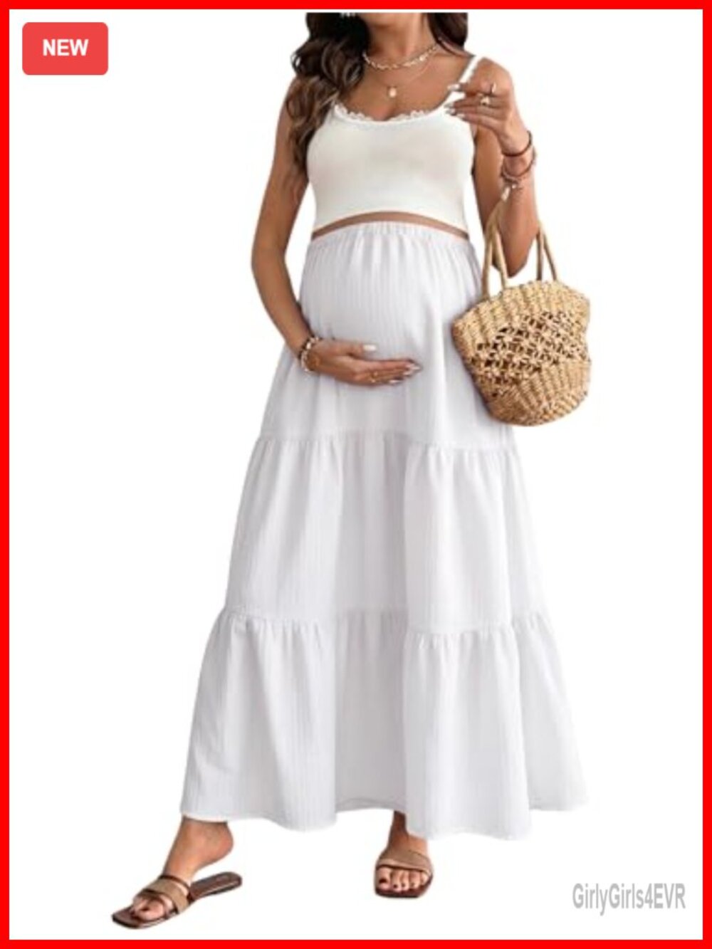 Maternity Ruffle Hem Tiered Maxi Skirt High Waist Flowy A-Line